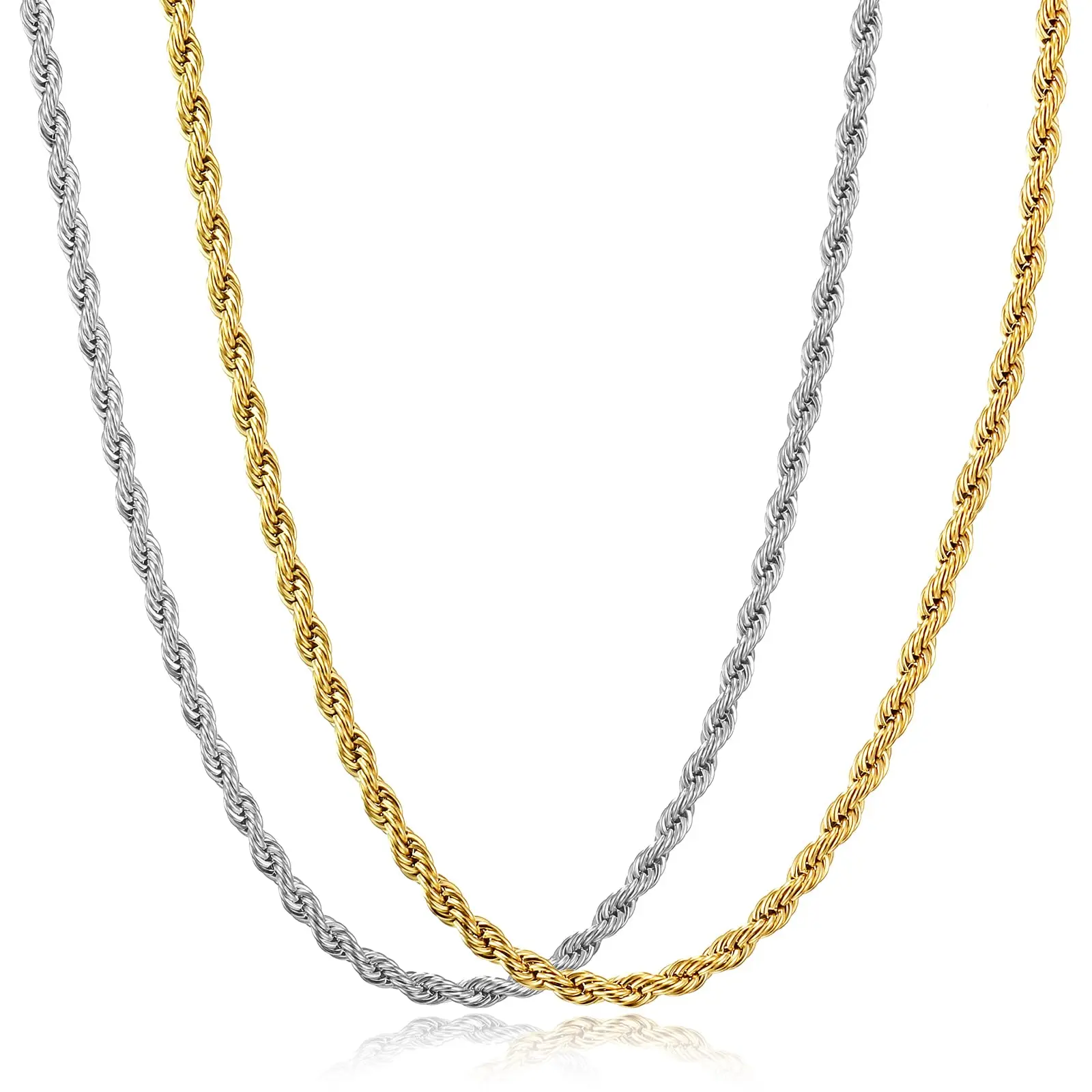 Gold/Silver Plated Stainless Steel Necklace for Men, 3mm Rope Chain Necklace for Men and Women, Best Jewelry Gift for Men