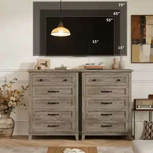 LH-Elevate Your Living Room with this Rustic 5-Drawer Dresser 41.3" Vertical Freestanding Wood Chest with Large Storage for Bedroom or Living Room Multiple Colors MDF Construction Anti-Tipping Device Light Vanity Set Mirror C-Shaped Table