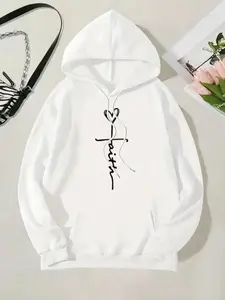 Women's Letter Print Drop Shoulder Hoodie, Fashion Casual Drawstring Pocket Hooded Sweatshirt for Daily Holiday Outdoor Wear, Women Clothing for Fall & Winter