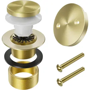 Brushed Brass Bathtub Drain Stopper and Overflow Kit, Solid Brass Tip-Toe Bath Tub Drain with Hair Catcher - Universal Coarse/Fine Thread, Bathroom Bathtub Plug Replacement, 11.5/16 UNC
