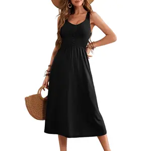 Dokotoo Womens Summer Dresses 2026 Sleeveless Button Down Smocked Elastic Waist Casual A-Line Swing Midi Dress Sundress