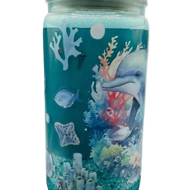 16oz Snow Globe Beach Design Acrylic Drink Cup with Dolphin and Coral Artwork
