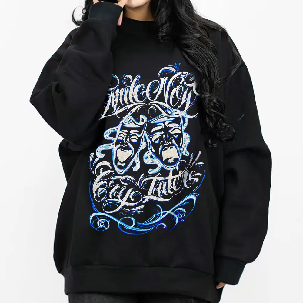 Men's Pullover Smile Now Cry Later 5 Chicano Graphics Tees Lowrider Style Gangster Chicanoas Clothing Oversized Fabric Long Sleeve Unisex Sweatshirt