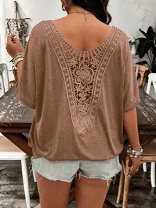 Batwing Sleeve Ruched Front Lace Back Patchwork Knit Top, Casual Fashion Big Size Blouse for Daily Wear, Soft and Comfortable, Women