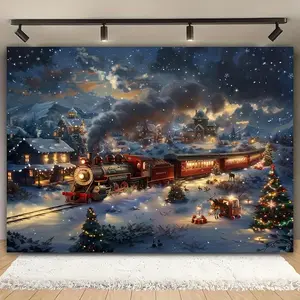 Polyester Christmas Backdrop Cloth (1pc) - Medieval Steam Train with Smoke, Passing Village, Christmas Tree Elements, Large Size (99.06x149.86cm/179.83x229.87cm), Indoor-Outdoor Use, for Living Room Decor, Influencer Live Streams