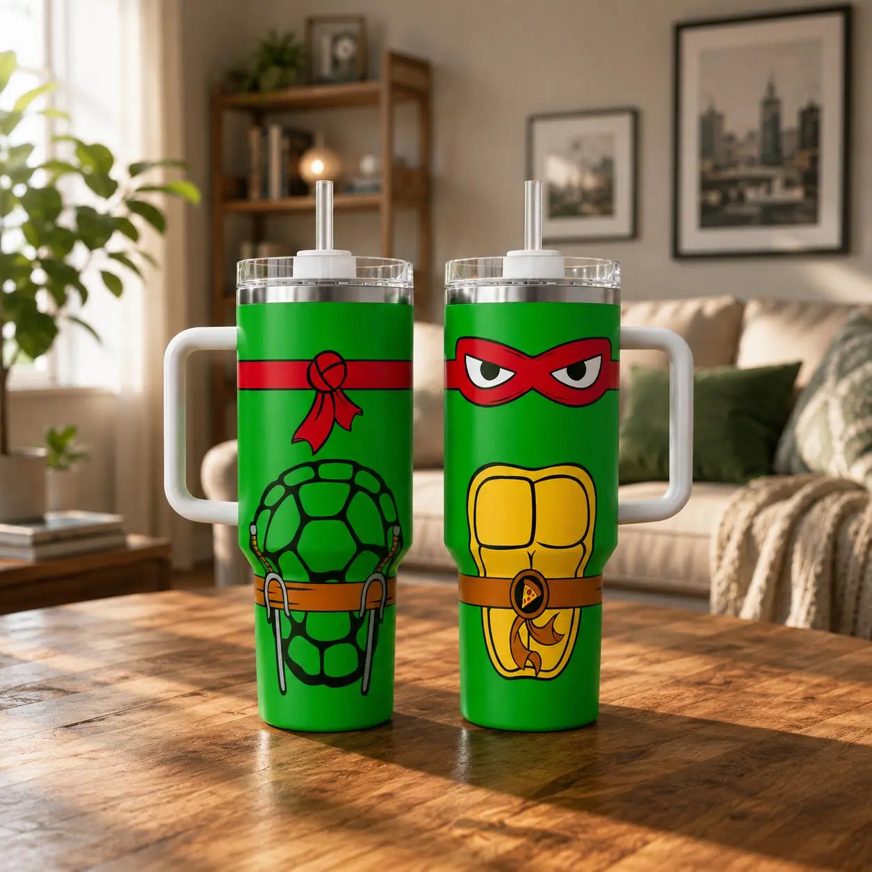 40oz Cartoon Turtle Inspired Tumbler with Handle and Straw Travel Coffee Mug Gift for Fans and Collectors