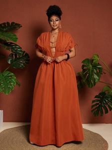 plus size women's batwing sleeve v neck waist tie long dress, casual loose-fitting summer fashion, elegant ladies' clothing