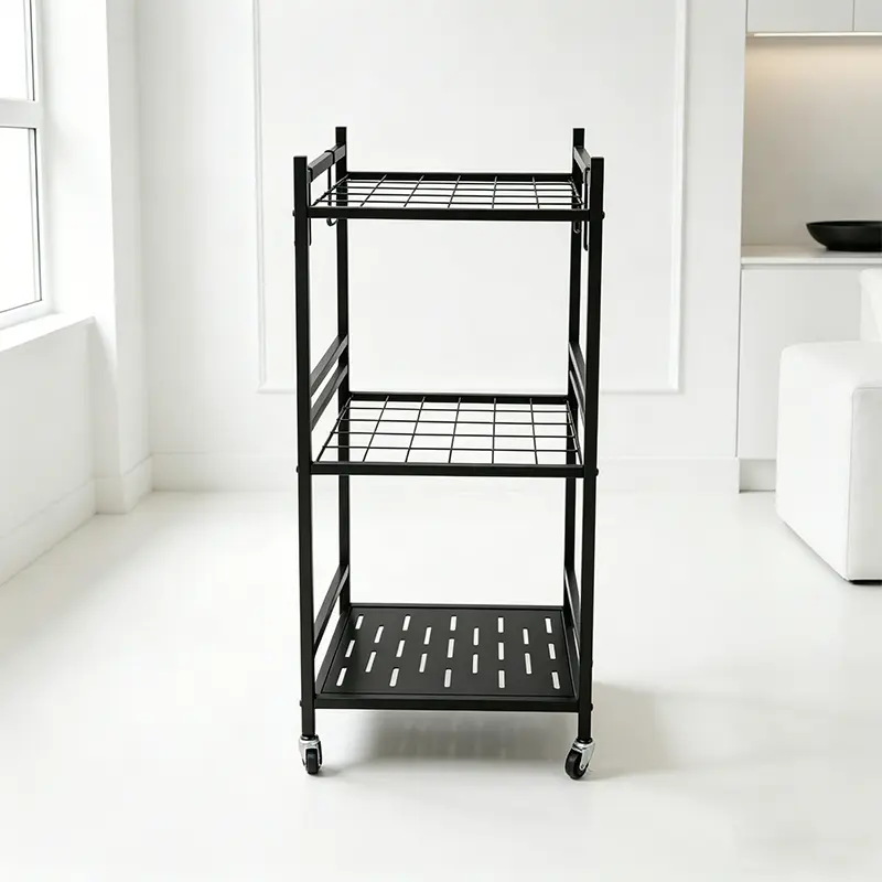 3-Tier Slim Rolling Storage Cart with Wheels, Narrow Black Metal Utility Shelving Organizer with Side Hooks, Mobile Slide Out Rack for Kitchen Bathroom Laundry Small Space