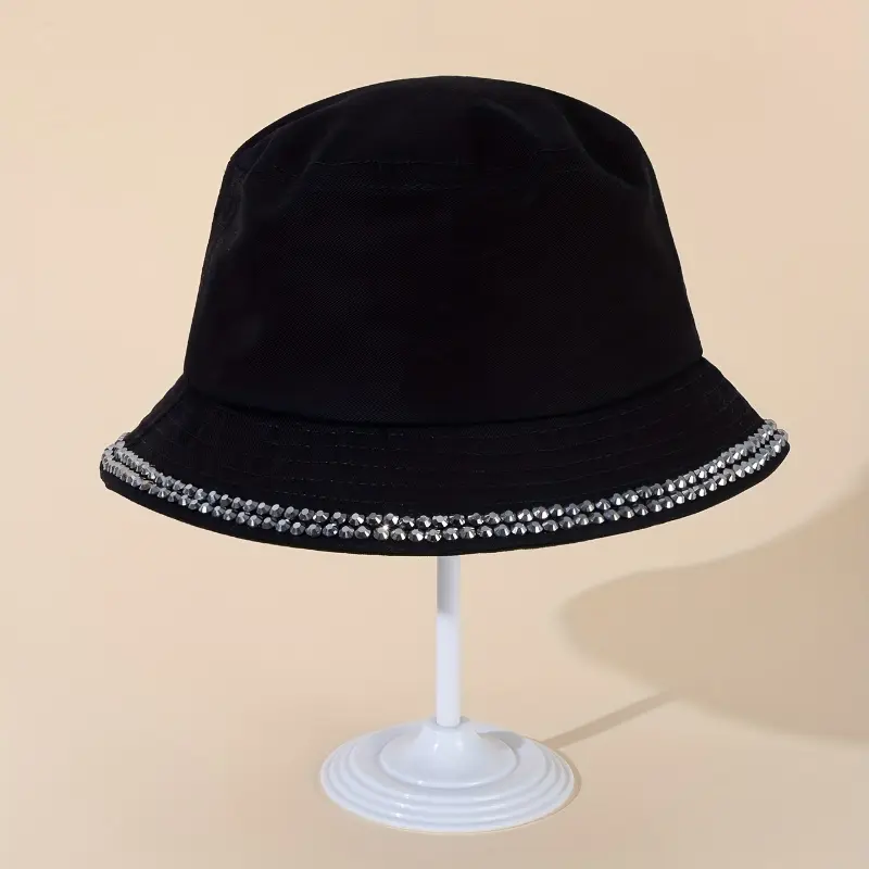 Black Casual Rhinestone Bucket Hat] Trendy Rhinestone Decor  display picture 2