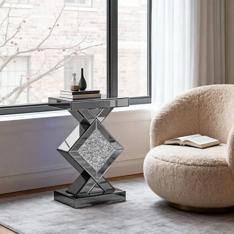 Tall Mirrored Glass Pedestal End Table, Indoor Furniture Nightstand Table for Living Room Bedroom