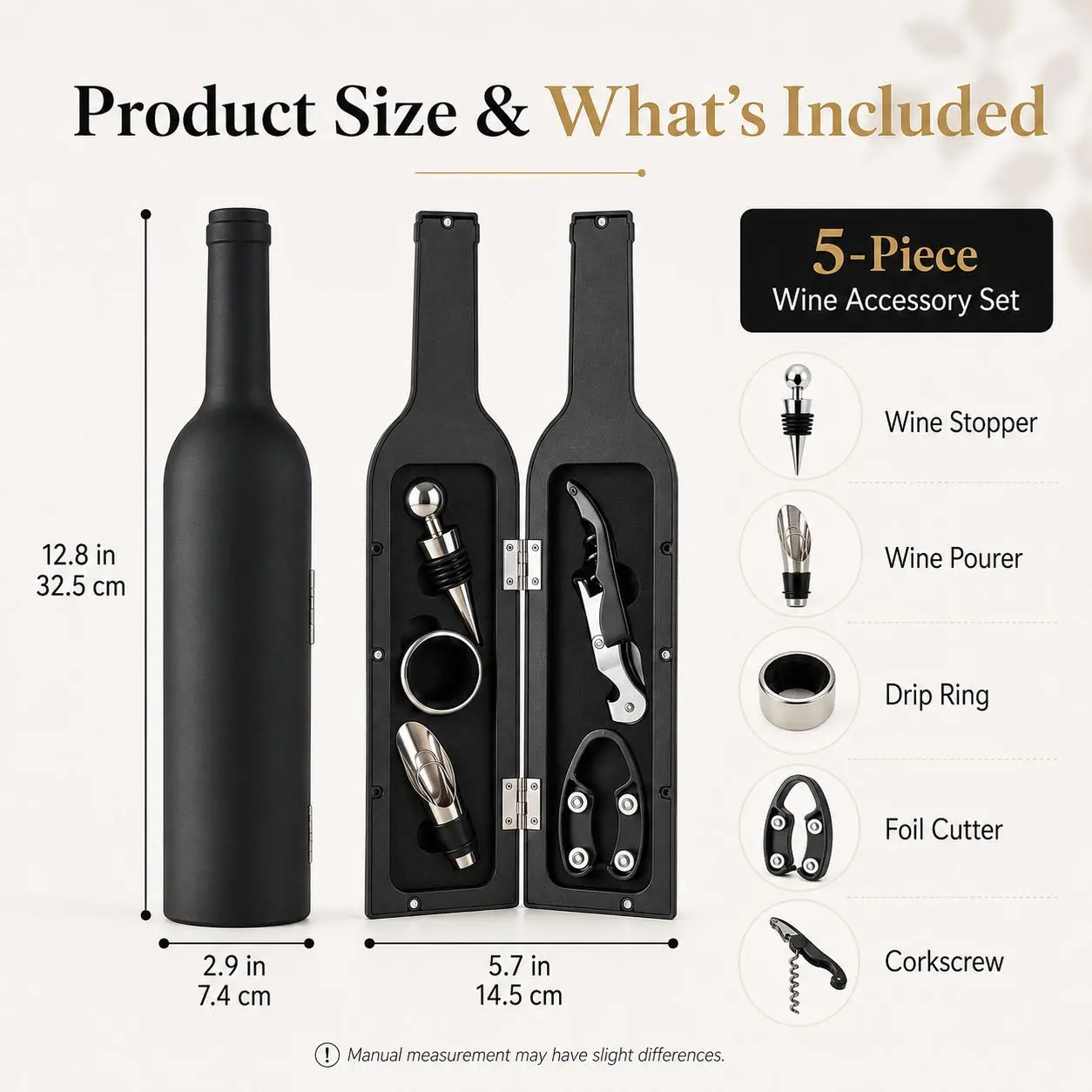 5-Piece Wine Opener Set with Bottle-Shaped Gift Box, Professional Wine Accessories Kit Includes Corkscrew, Wine Stopper, Pourer, Drip Ring & Foil Cutter, Premium Wine Tool Set for Home Bar, Restaurant, Party and Wine Lovers