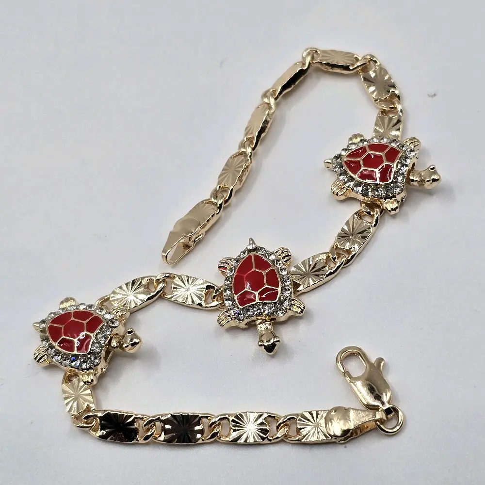 N-103-7-inch Red Tortoise Bracelet with Mini Clear Cubic Zircon Copper Gold Plated Not Water Resistant Item for Stylish Accessories