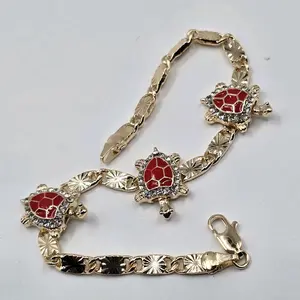 7-inch Red Tortoise Bracelet with Mini Clear Cubic Zircon Copper Gold Plated Not Water Resistant Item for Stylish Accessories