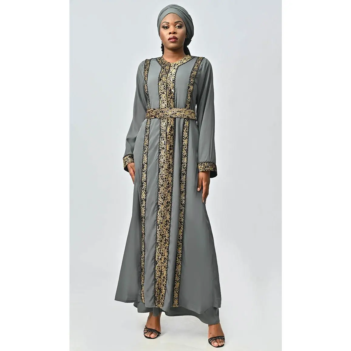 Modest Moroccan Style Abaya With Hand Embroidery And Lace Detailing