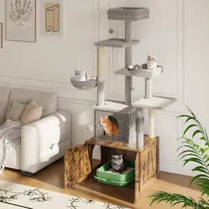 Cat Litter Box Enclosure with Cat Tree, Scratching Post & Hammock - Hidden Litter Box Furniture