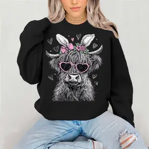Easter Ears Cow Sketch Crewneck Sweatshirt Gildan Everyday Style Super Soft Unisex Fit Streetwear Graphic Top warm Womenswear Casual Printed Easter bunny cute adorable spring