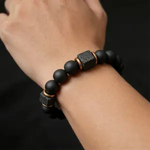 1Pcs Elastic Adjustable Mens Bracelet 8mm Black Onyx & Lava Stone Beads Jewelry for Men Perfect Birthday Gift for Him Dad Husband Stylish Comfortable Fit