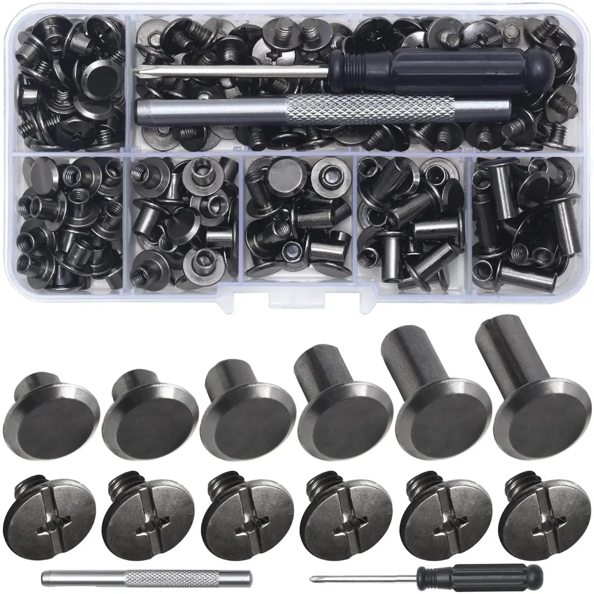 Carbon Steel Chicago Screws 112-Piece Rivet Set (Gunmetal Black, M5 Assorted Sizes: 4,5,6,8,10,12mm Fine Finish) with 2 Pcs Install Tools (Puncher, Screwdriver) for Leather Crafting, DIY Projects, Booking (Includes 110 Sets Chicago Screws)