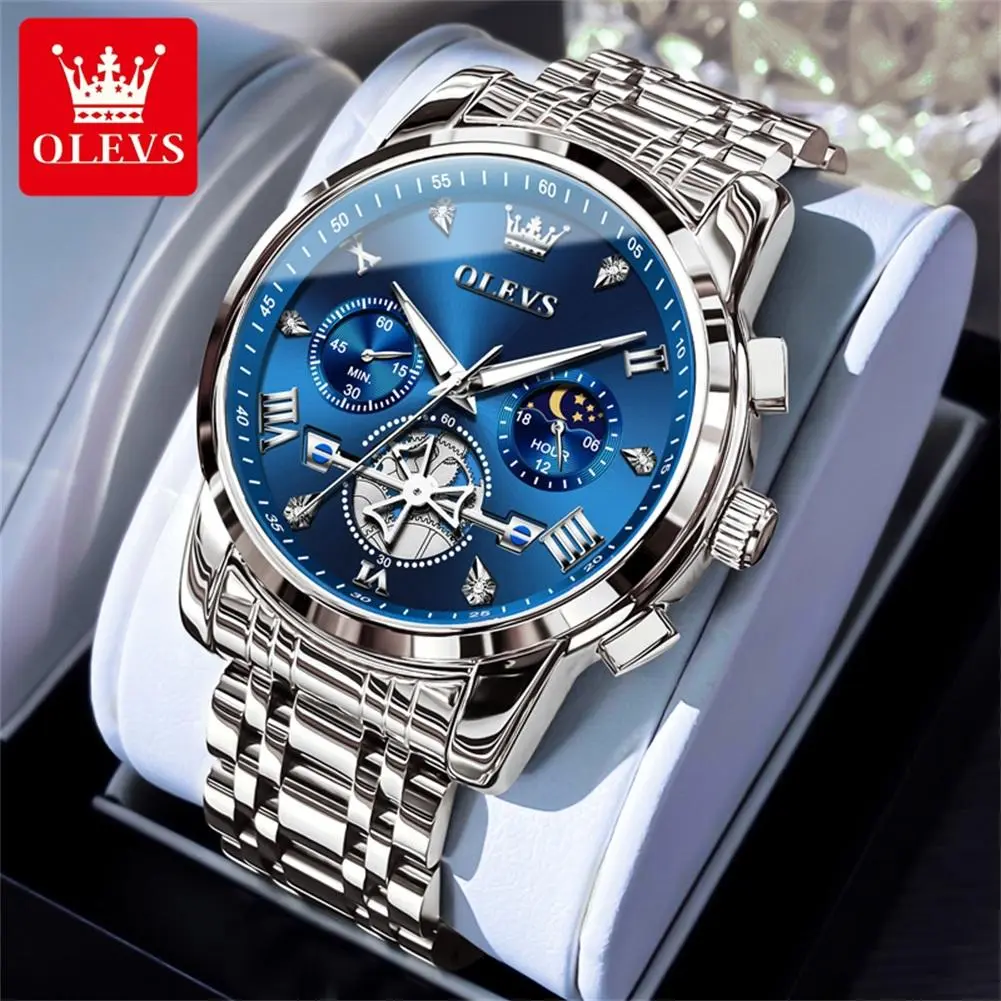 OLEVS Men's Quartz Watch with Luminous Dial 3ATM Waterproof Chronograph Stainless Steel Band 42mm Round Dial Green/Blue/Black Wristwatch