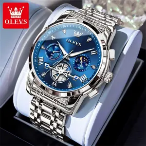 OLEVS Men's Quartz Watch with Luminous Dial 3ATM Waterproof Chronograph Stainless Steel Band 42mm Round Dial Green/Blue/Black Wristwatch