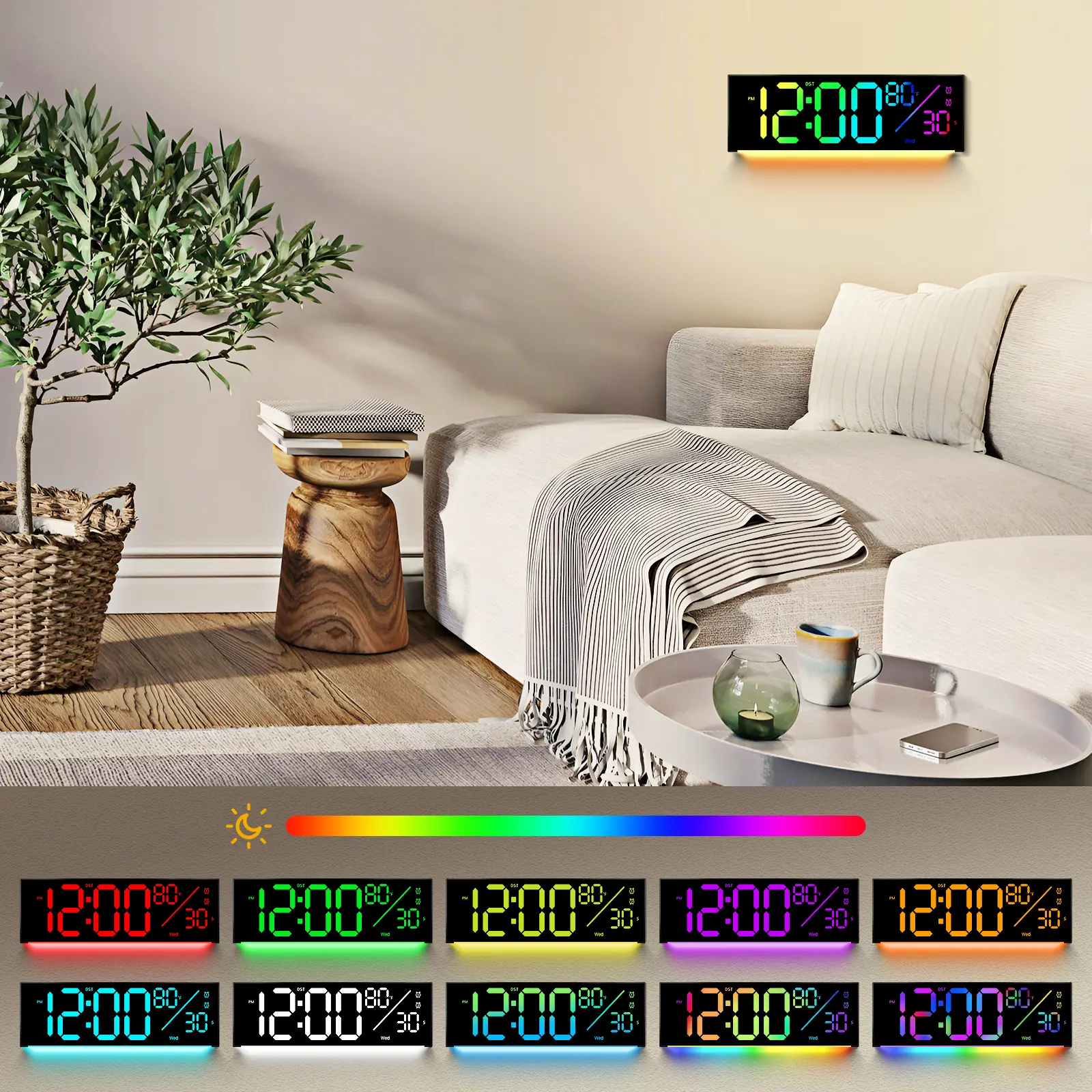 12 inch Digital Wall Clock with RGB LED Night Light, Remote Control, Alarm & Auto DST, Modern Home Decor for Bedroom Living Room Office, Gift Idea