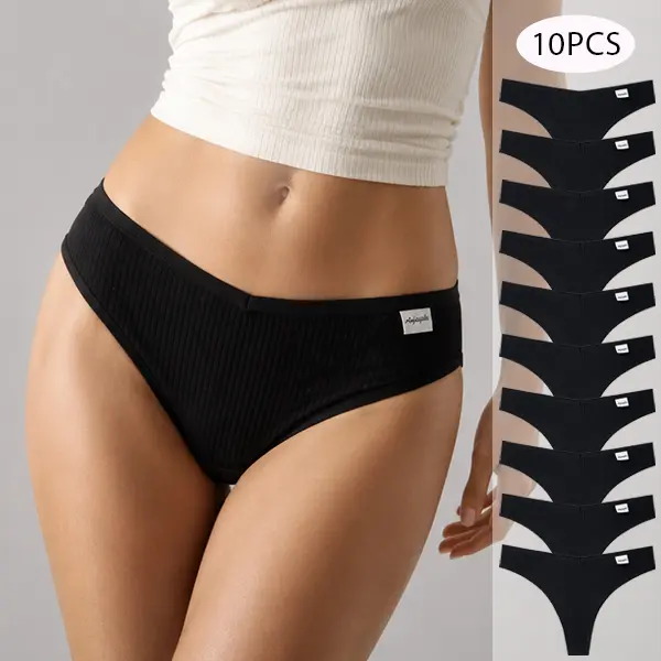 10-Pack Women's Minimalist Black Full Cotton Thongs - Flexible, Breathable, and Comfortable Underwear for Daily Wear, Hipster Panties