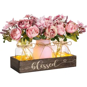 3 Pcs Mason Jar Centerpiece with Wood Tray & LED Light, Farmhouse Table Decor for Dining Room Kitchen Living Bathroom, Pink