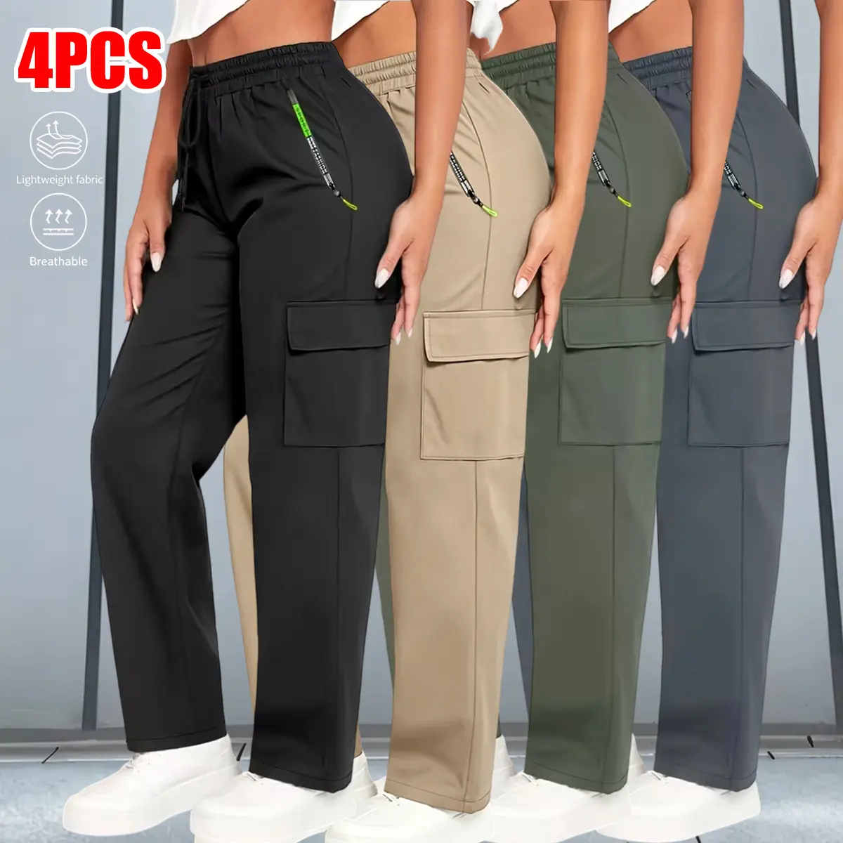 Women's 4-Pack Fashionable Long Cut Jogger Pants - All Seasons, Lightweight, Breathable, Elastic Waistband, Adjustable Drawstring - Suitable for Everyday Outings, Outdoor Activities, Hiking