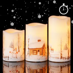 Homemory Christmas Flameless Candles Battery Operated with Snowman Timers Real Wax LED Pillar Candles for Rustic Country Home Farmhouse Cabin Decor Set of 3
