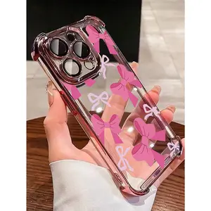 1 new pink bowknot electroplated air bag anti-fall/thick transparent TPU protective case, suitable for iPhone 17/16/15/14/13/12/11/x/xs/xsmax, bowknot pattern, cute style, a gift for friends, family, and yourself.