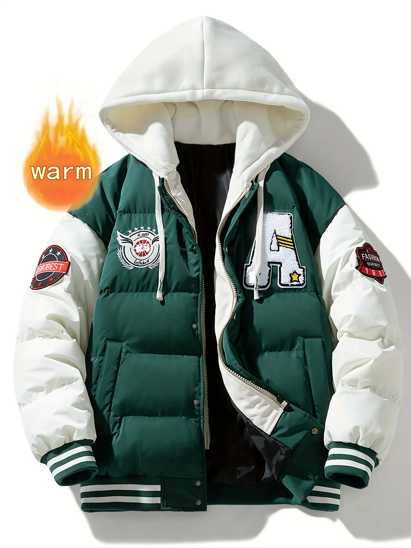 Autumn And Winter Thick Warm Jacket For Men, Color Blocked Splicing Coat, Casual Letter Embroidery Winter Clothing, Outdoor Windproof Overcoat, Daily Wear