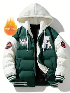 Autumn And Winter Thick Warm Jacket For Men, Color Blocked Splicing Coat, Casual Letter Embroidery Winter Clothing, Outdoor Windproof Overcoat, Daily Wear