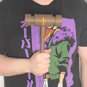 Anime-Inspired Judge Gavel Prop – Lightweight Cosplay Weapon – 3D Printed Display Piece – Convention Safe Fantasy Prop – Brown Gold Hammer