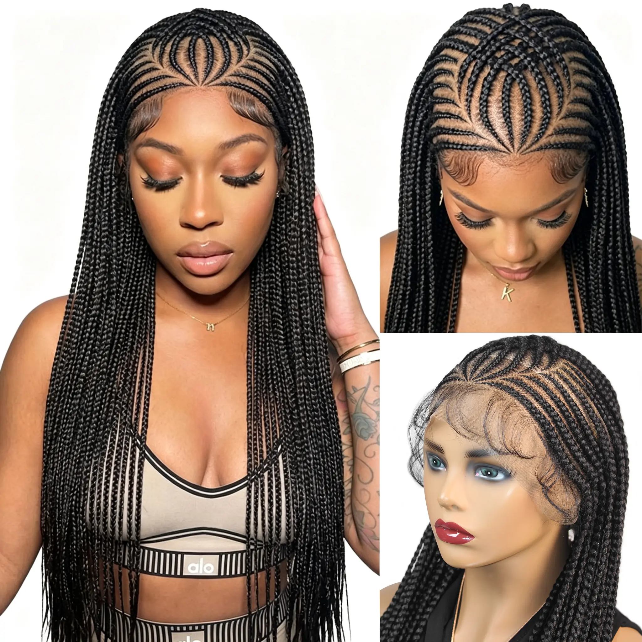 36Inch Synthetic Cornrow Braided Wigs Handmade Full Lace Fulani Braids Wig Goddess Knotless Box Braided Lace Wig For Black Women With Baby Hair