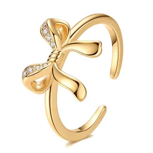 LAZA Gold Bow Adjustable Open Ring Made of 925 Plated Silver with Cubic Zirconia - Elegant and Fashionable Jewelry Gift for Women, Girls, Teens