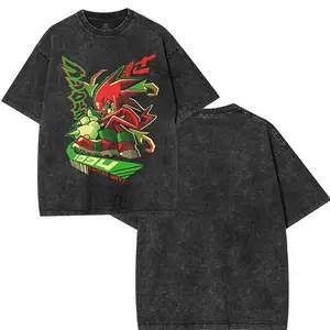 Retro Limited Knuckles the Echidna T-Shirt, Cartoon Movie Graphic Tees, Unisex Acid Wash Lightweight Cotton T-Shirt, Sonic Merch Fabric Menswear