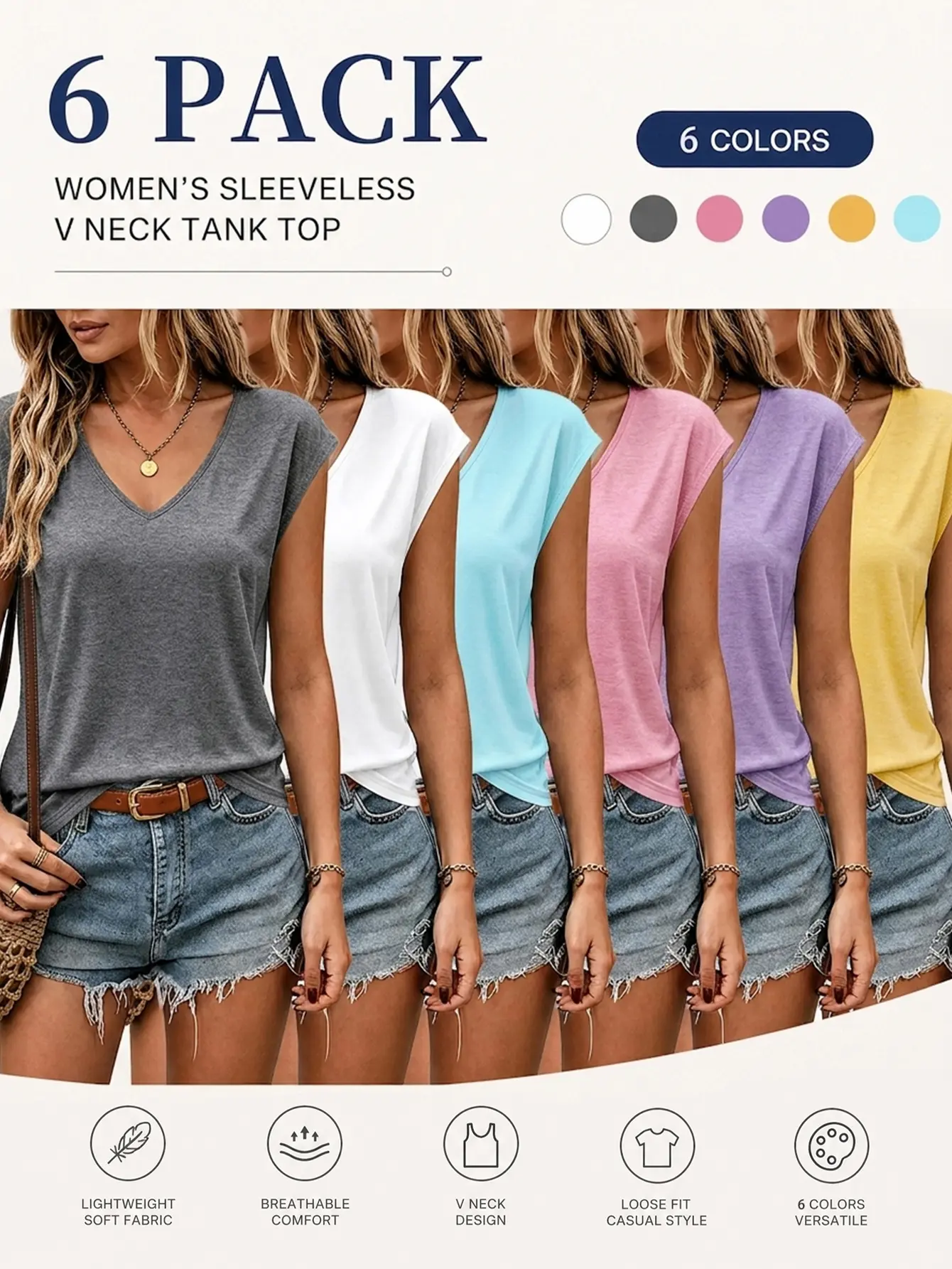Women's 6-Pack Casual V Neck Sleeveless Tank Tops Loose Fit Lightweight Summer Shirts