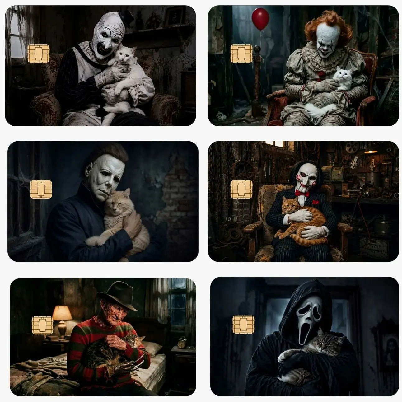 Horror Characters Holding Cats Credit Card Skin, Halloween Movie Debit Card Skin, Waterproof Vinyl Card Cover Gift for Spooky Fans