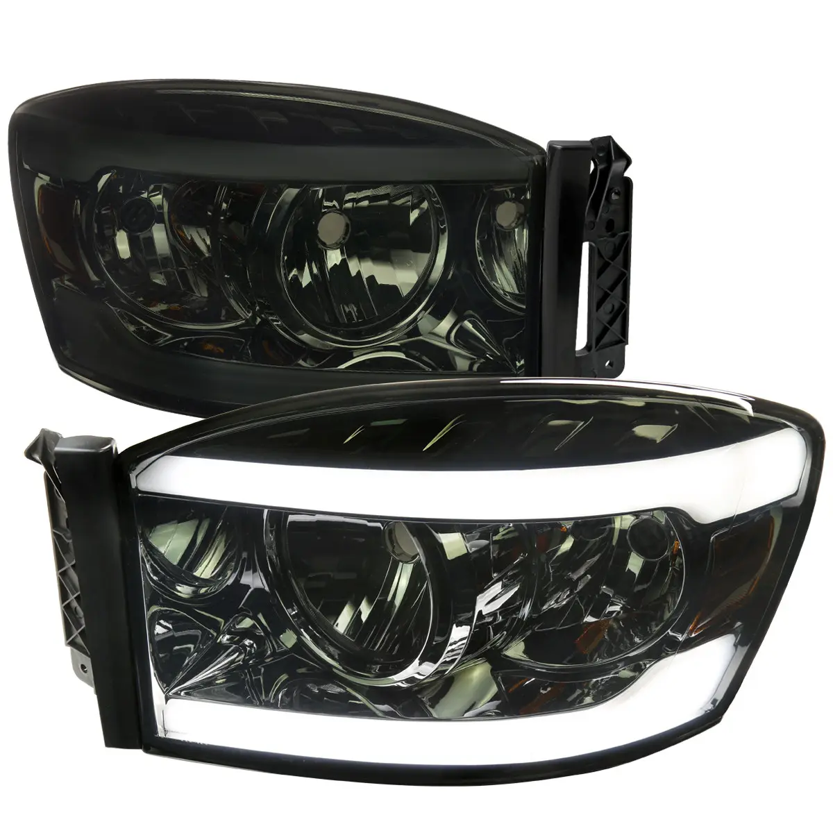 2006-2008 RAM 1500/ 2006-2009 RAM 2500 3500 LED Bar Factory Style Crystal Headlights (Chrome Housing/Smoke Lens)