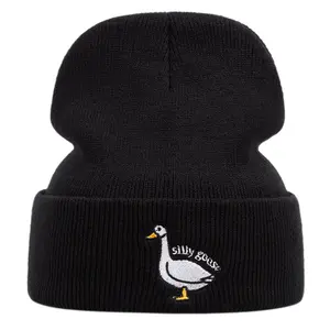 Goose Beanie Hat Winter Warm Funny Goose Knitted Caps Embroidered Unisex Cuffed Beanie for Men Women