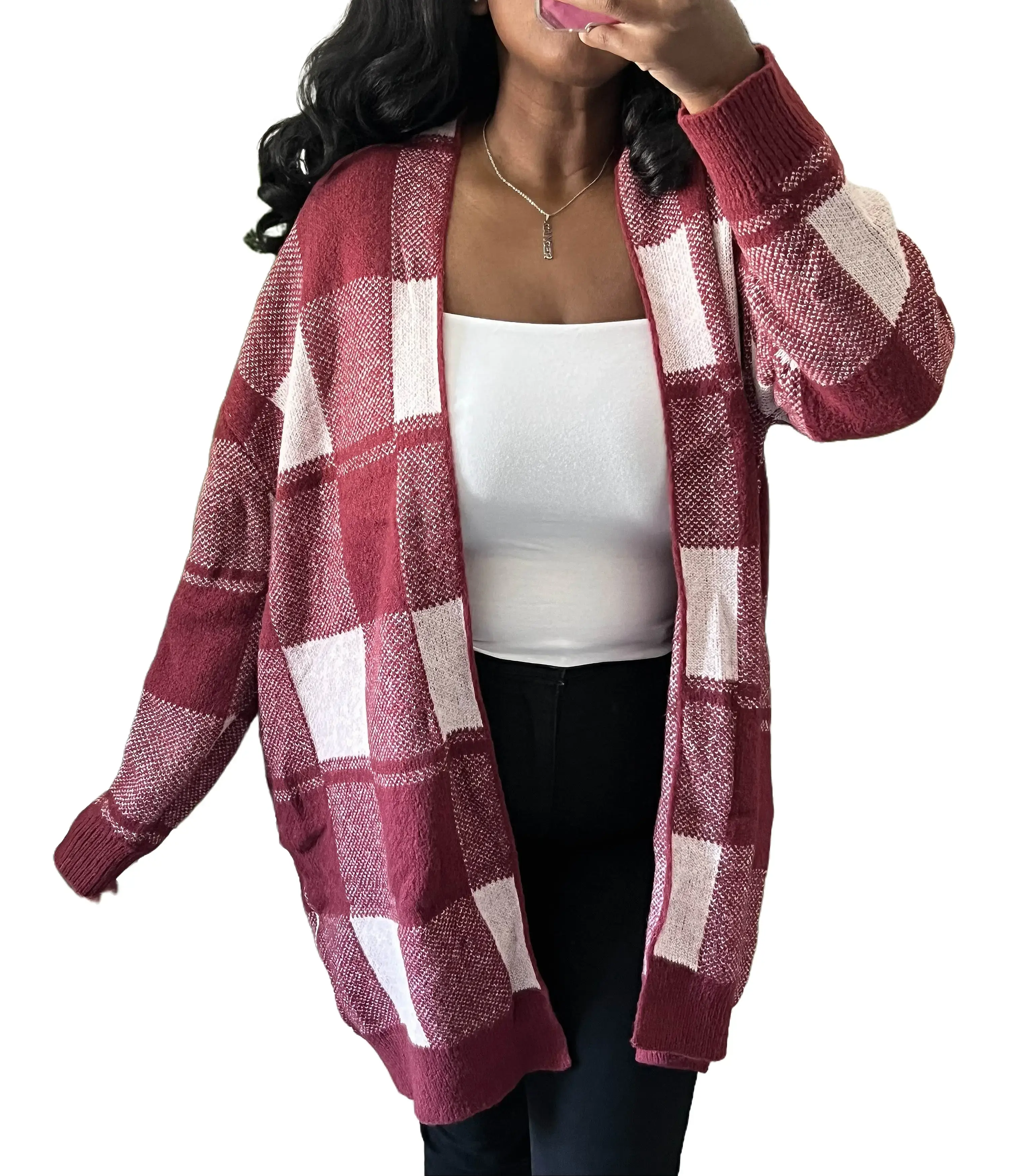 Red Checkered Cardigan pocket fall sweateroutfits tiktok shop season Long Sleeve Knitwear Plaid Womenswear Lightweight Piece