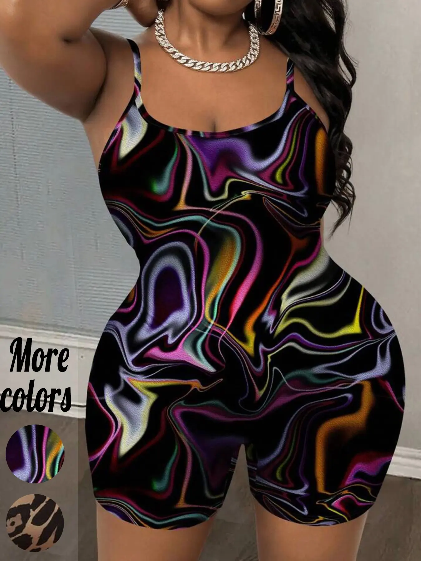 Plus-Size 1 Piece Spaghetti Strap Bodycon Jumpsuit Romper, Y2K Streetwear Style, Stretchy Slim-Fit Fabric, Bold Abstract Print, Colorful Marble Detail, For Curvy Women, Perfect for Night Out, Clubbing & Festival Outfits | TikTok Viral Fashion