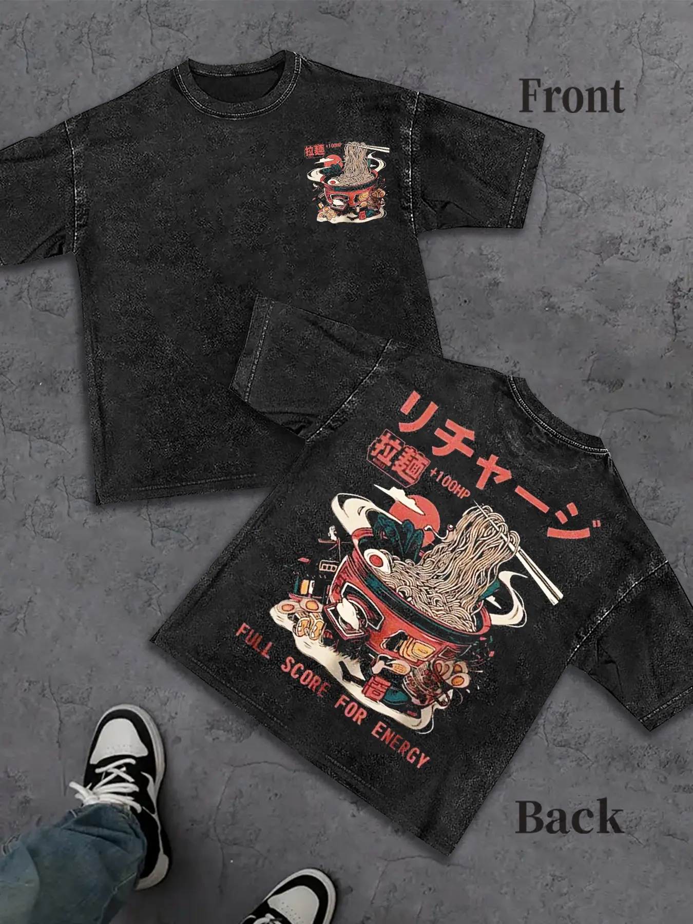 Japanese ramen T-shirt featuring classic ramen motifs like soft-boiled eggs, char siu, and seaweed; Japanese food + 100 HP health boost meme T-shirt; washed vintage streetwear T-shirt; Y2K street style—an essential for Japanese trends; a perfect gift for