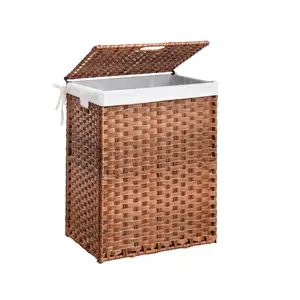 Laundry Hamper springtok With Lid PE Rattan Powder Coating Frame Clothes Hampers with 01 Removable Bags, 100L, Brown Color