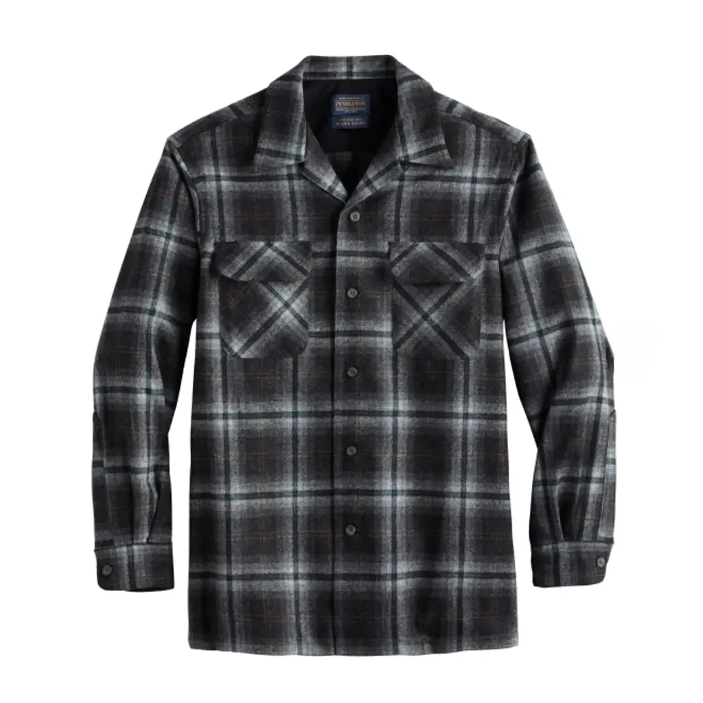 Pendleton Men's Tall Collared Full-Sleeve Casual Wool Board Shirt - Grey/Black Plaid Pattern, Size 16, Virgin Wool Fabric, Stain-Resistant Long Sleeve Tops for Casual Wear