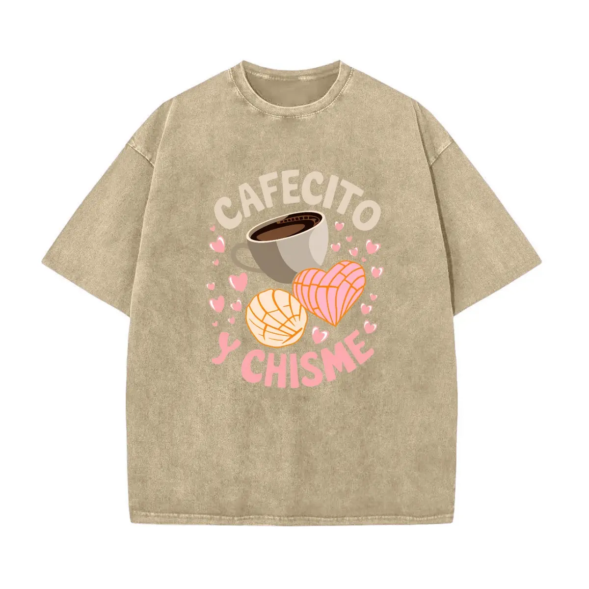 Washed Khaki-Latin America Mexican Baking Concha Bread Concha Printed T-Shirt, Faith Walk T-Shirt, Floral Pattern Casual T-Shirt, Unisex, Sports Sweater, Heart Neckline