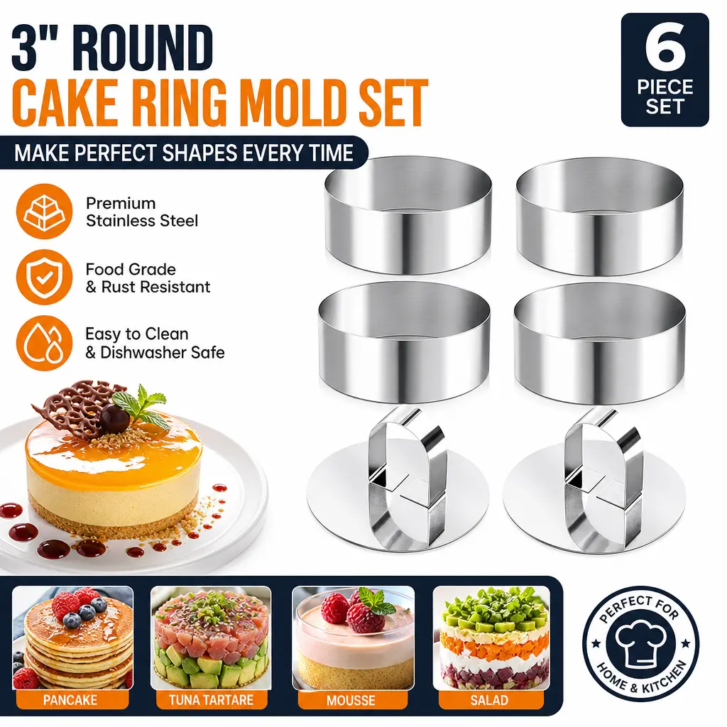 6 Pack Stainless Steel Cooking Rings - 3 Inch Round Cake Ring Mold with 2 Pushers - Professional Crumpet & English Muffin Rings for Pancakes, Eggs & Desserts
