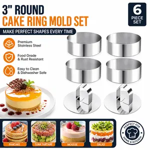 6 Pack Stainless Steel Cooking Rings - 3 Inch Round Cake Ring Mold with 2 Pushers - Professional Crumpet & English Muffin Rings for Pancakes, Eggs & Desserts outdoorfun