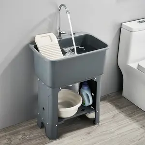 Freestanding Utility Sink with 360° Rotating Faucet Deep Laundry Sink with Washboard, Large Capacity PP Basin, Quick Drainage, 48L Capacity Water