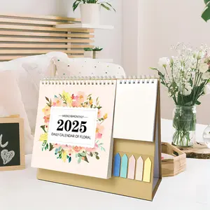 2025 Floral Desk Calendar with Memo Pad–Monthly Flip Standing Calendar 1-12, Double-Line Yo Ring, Thick Triangular Base, Includes Morandi Sticky Notes